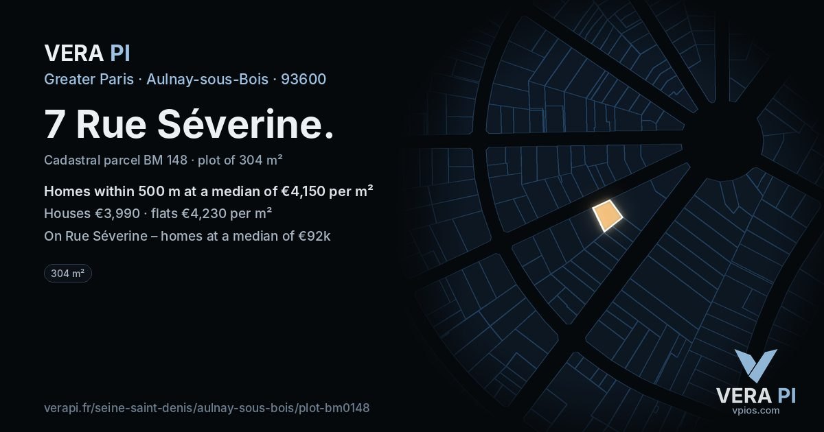 7 Rue Séverine, Aulnay-sous-Bois at night – the plot lit, the parcels around coloured by the prices near them