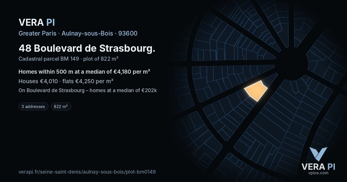 48 Boulevard de Strasbourg, Aulnay-sous-Bois at night – the plot lit, the parcels around coloured by the prices near them