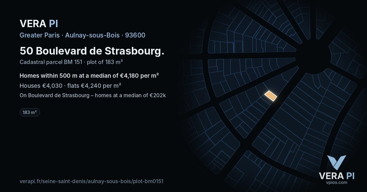 50 Boulevard de Strasbourg, Aulnay-sous-Bois at night – the plot lit, the parcels around coloured by the prices near them