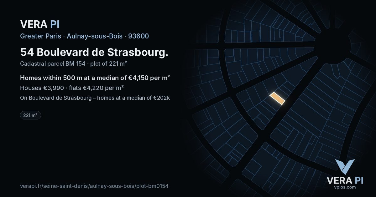 54 Boulevard de Strasbourg, Aulnay-sous-Bois at night – the plot lit, the parcels around coloured by the prices near them