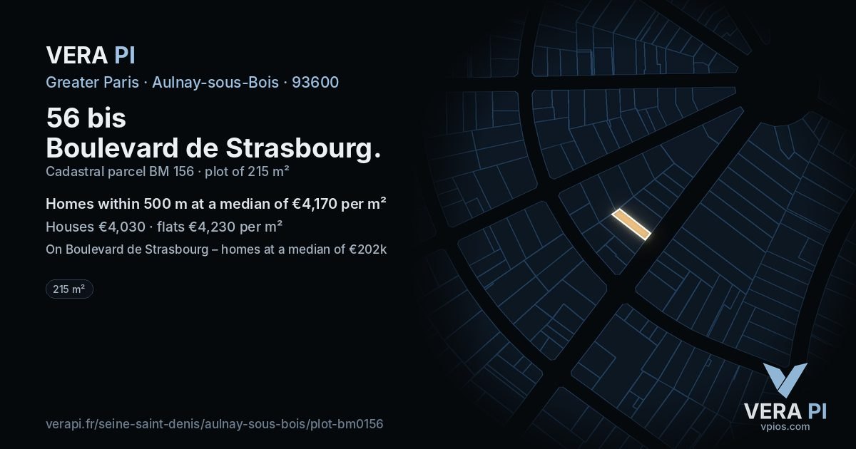 56 bis Boulevard de Strasbourg, Aulnay-sous-Bois at night – the plot lit, the parcels around coloured by the prices near them