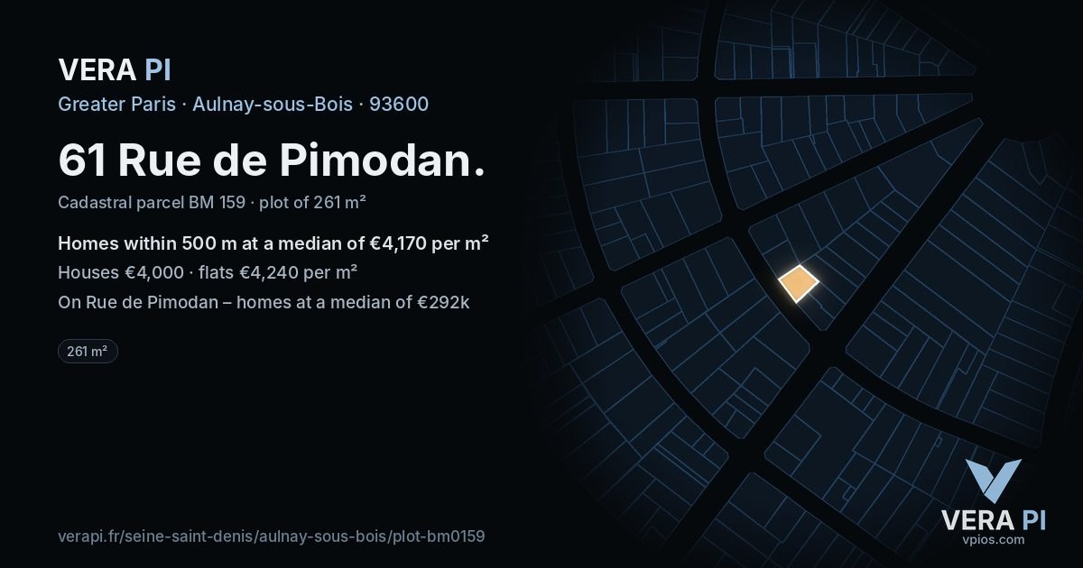 61 Rue de Pimodan, Aulnay-sous-Bois at night – the plot lit, the parcels around coloured by the prices near them