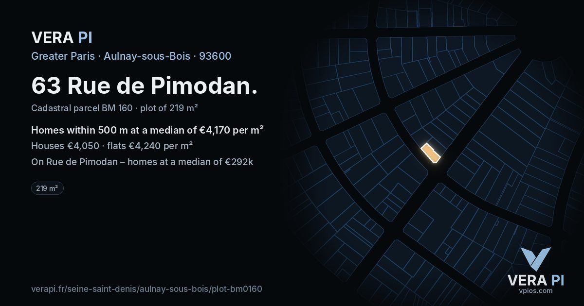 63 Rue de Pimodan, Aulnay-sous-Bois at night – the plot lit, the parcels around coloured by the prices near them