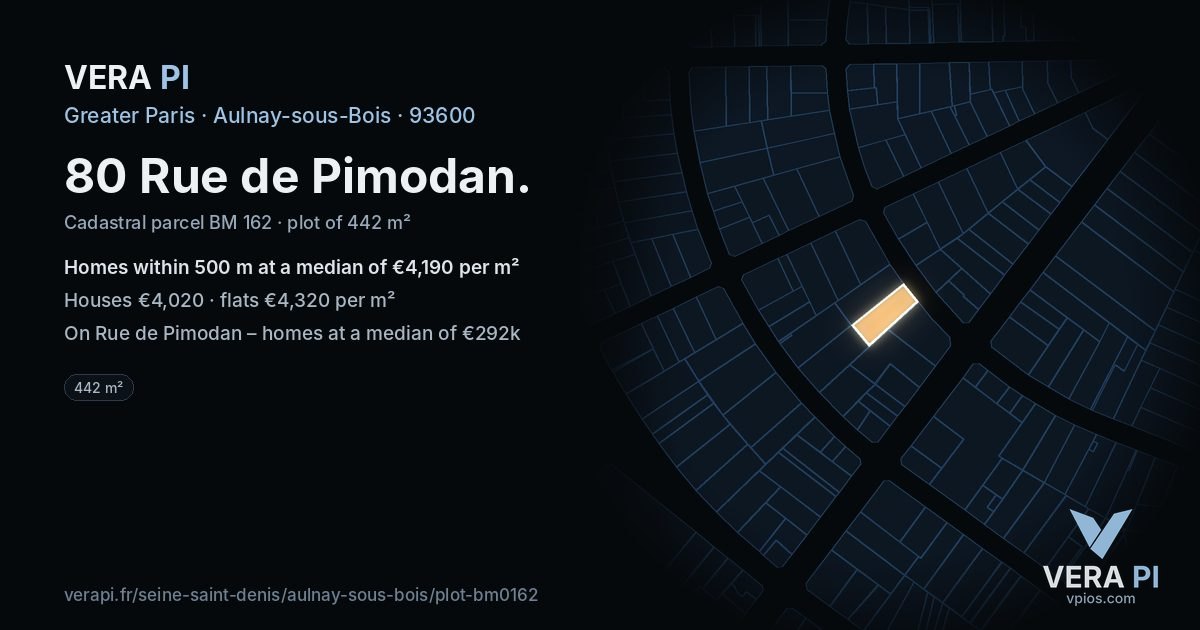 80 Rue de Pimodan, Aulnay-sous-Bois at night – the plot lit, the parcels around coloured by the prices near them