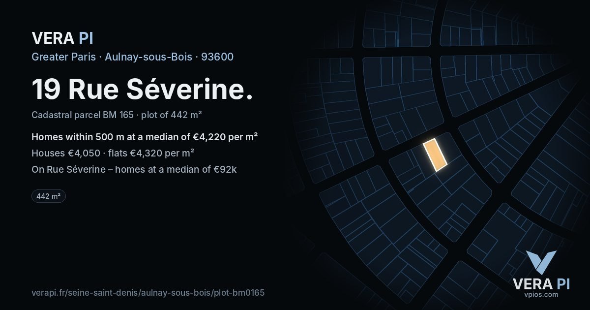 19 Rue Séverine, Aulnay-sous-Bois at night – the plot lit, the parcels around coloured by the prices near them