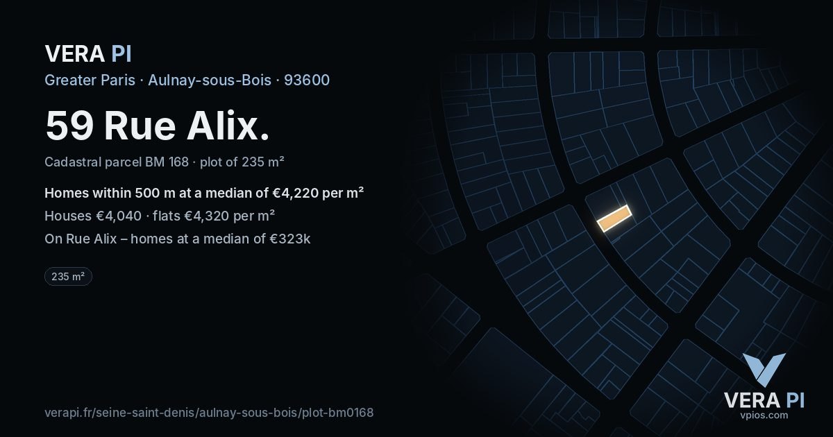 59 Rue Alix, Aulnay-sous-Bois at night – the plot lit, the parcels around coloured by the prices near them
