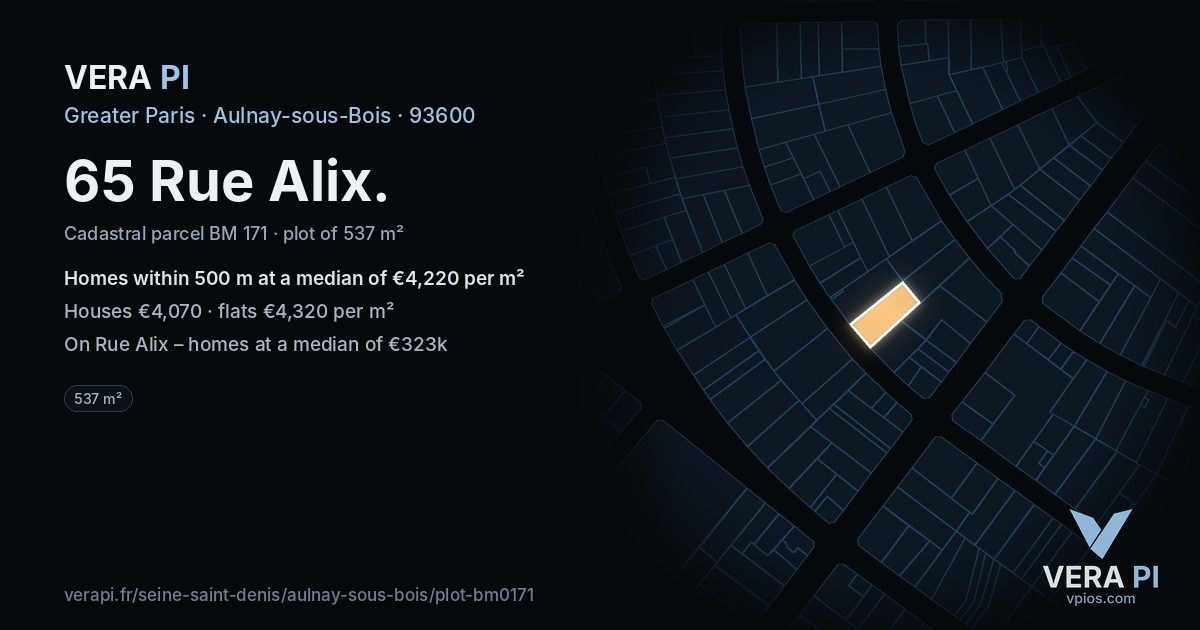 65 Rue Alix, Aulnay-sous-Bois at night – the plot lit, the parcels around coloured by the prices near them