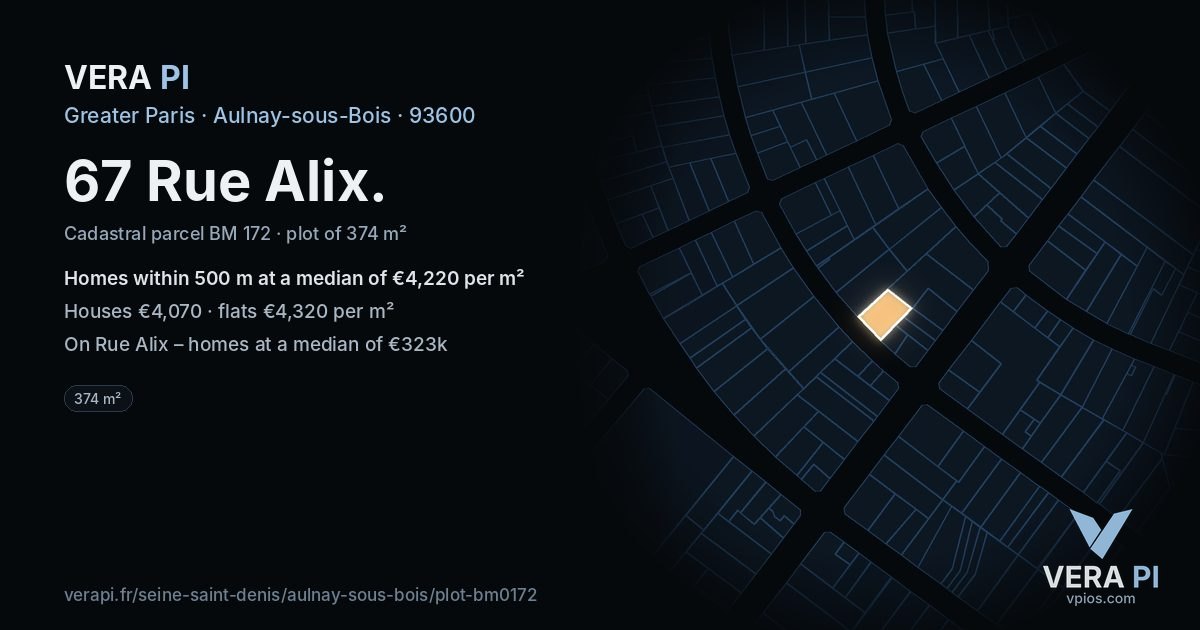67 Rue Alix, Aulnay-sous-Bois at night – the plot lit, the parcels around coloured by the prices near them