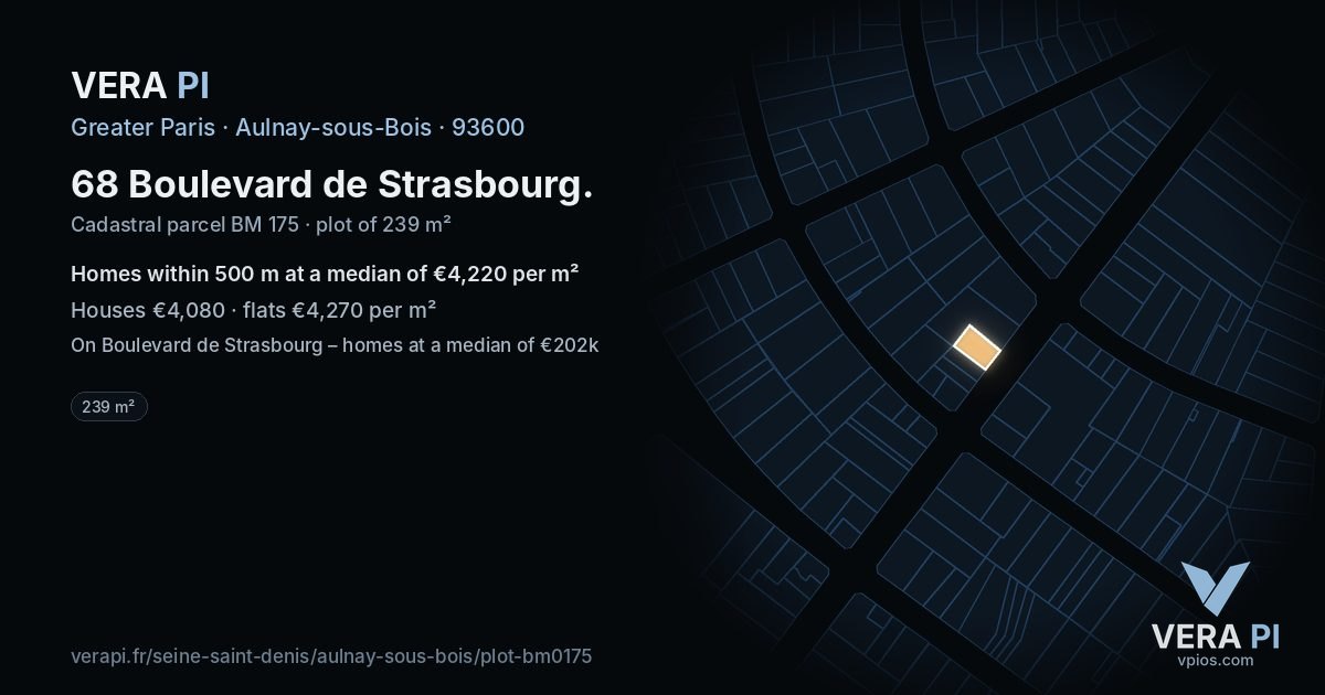 68 Boulevard de Strasbourg, Aulnay-sous-Bois at night – the plot lit, the parcels around coloured by the prices near them