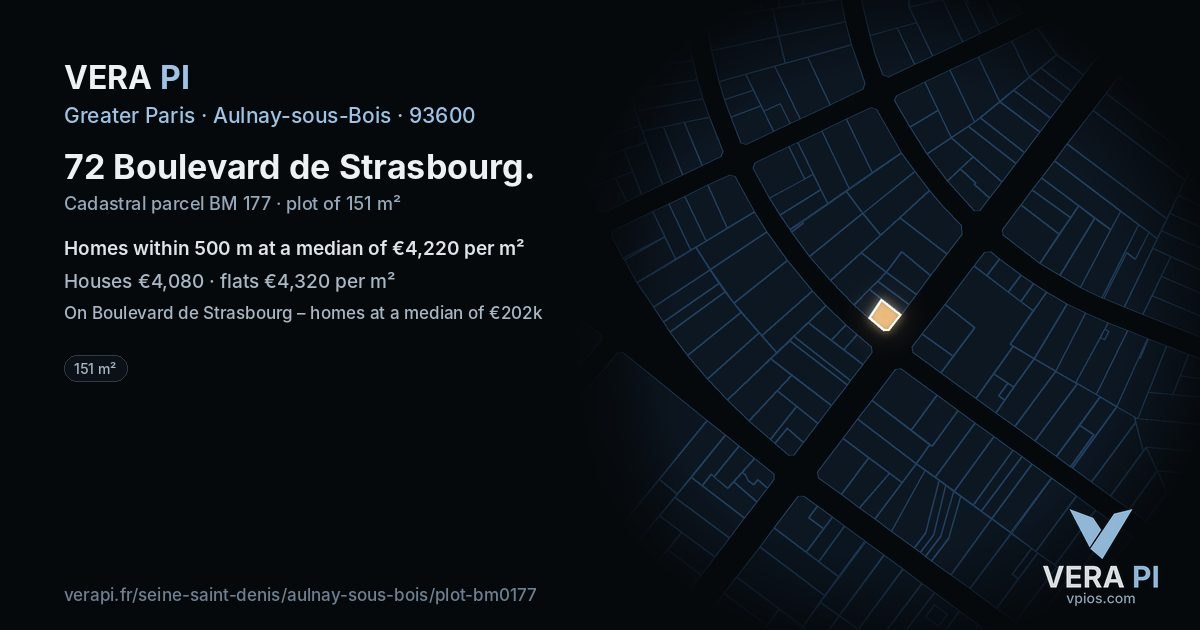 72 Boulevard de Strasbourg, Aulnay-sous-Bois at night – the plot lit, the parcels around coloured by the prices near them