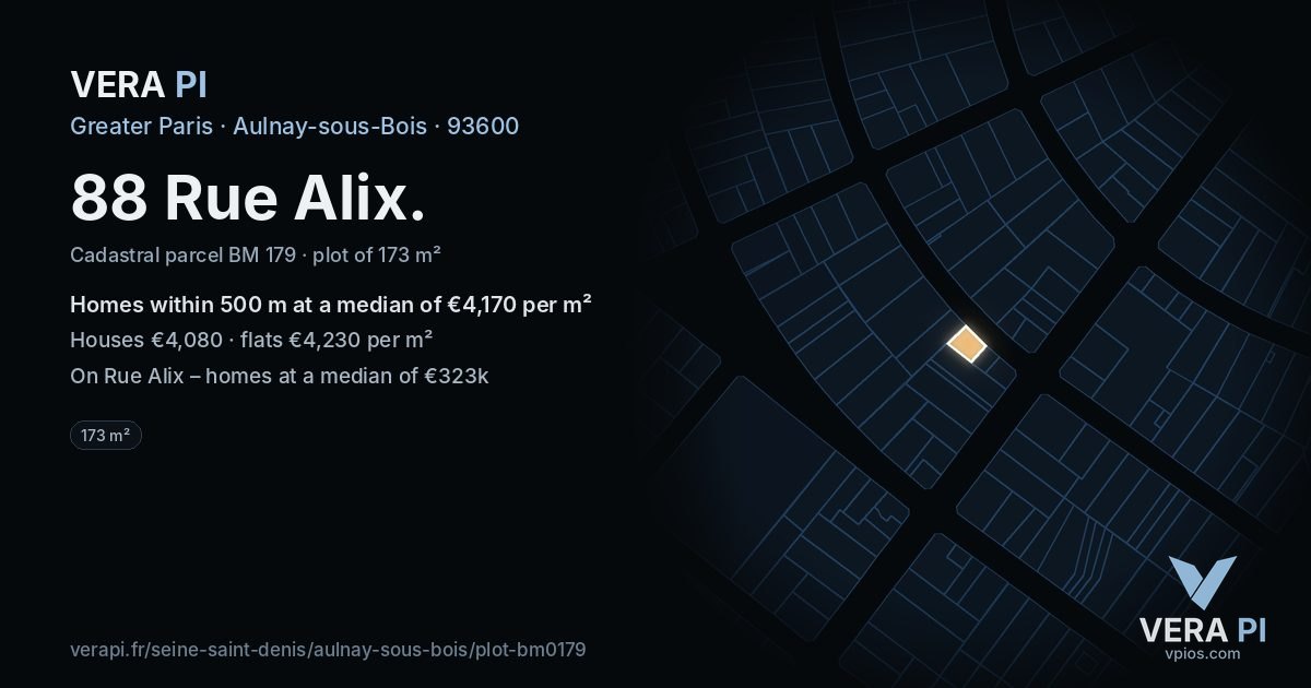 88 Rue Alix, Aulnay-sous-Bois at night – the plot lit, the parcels around coloured by the prices near them