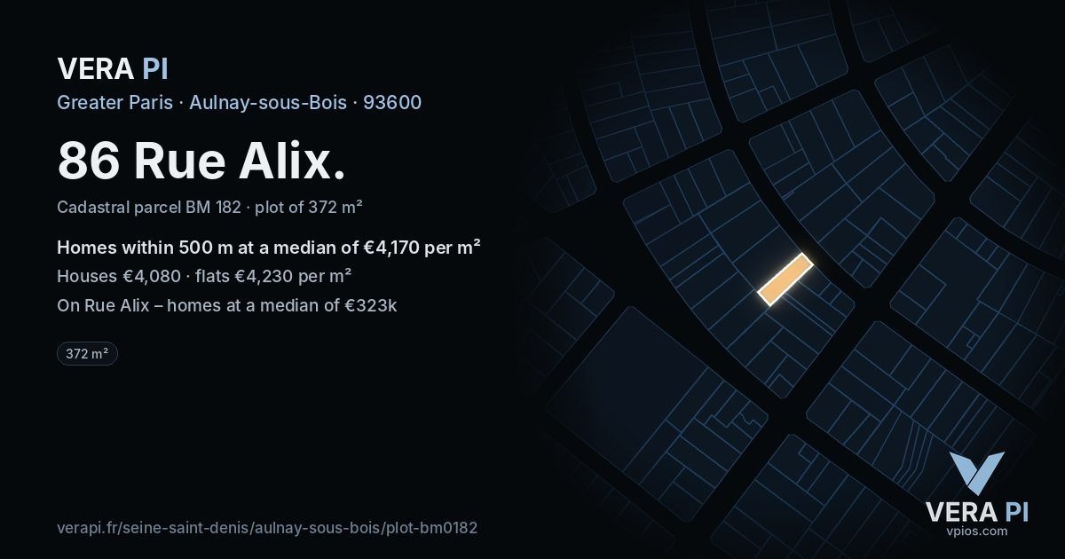 86 Rue Alix, Aulnay-sous-Bois at night – the plot lit, the parcels around coloured by the prices near them