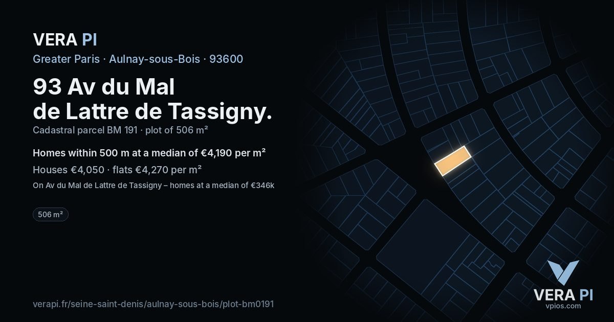93 Av du Mal de Lattre de Tassigny, Aulnay-sous-Bois at night – the plot lit, the parcels around coloured by the prices near them