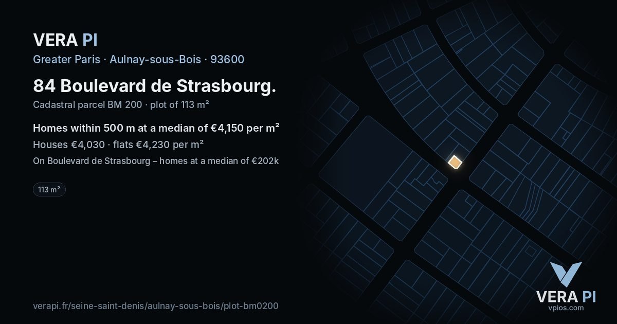 84 Boulevard de Strasbourg, Aulnay-sous-Bois at night – the plot lit, the parcels around coloured by the prices near them