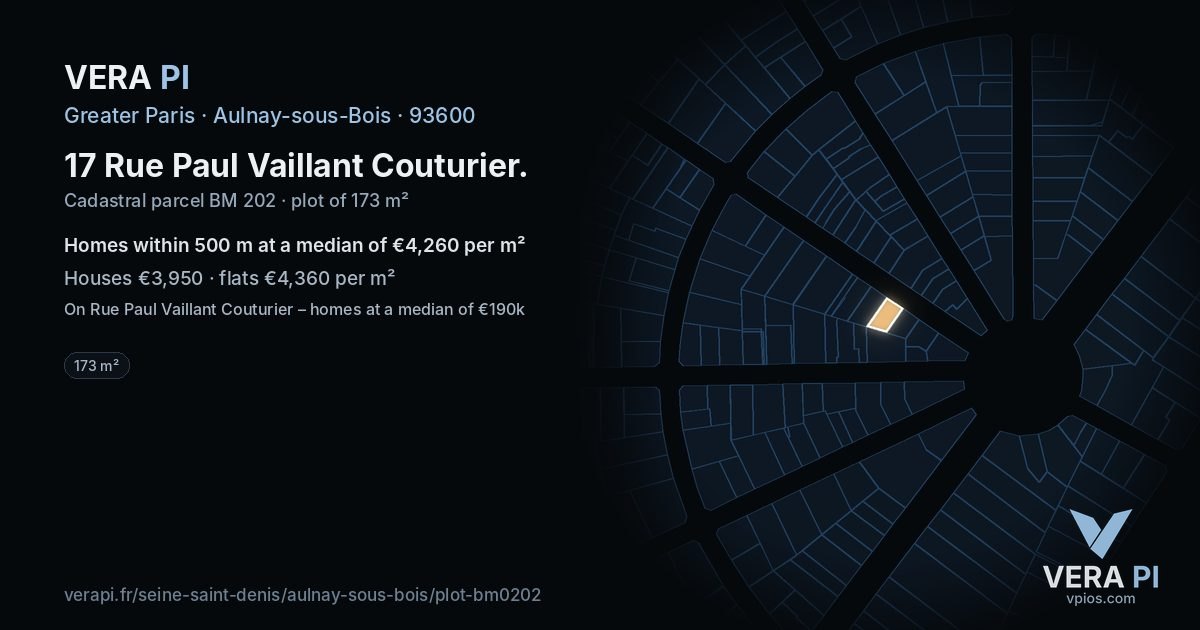 17 Rue Paul Vaillant Couturier, Aulnay-sous-Bois at night – the plot lit, the parcels around coloured by the prices near them