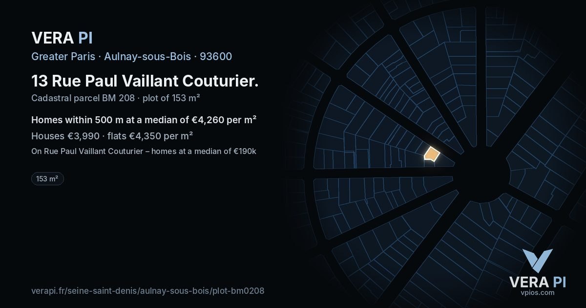 13 Rue Paul Vaillant Couturier, Aulnay-sous-Bois at night – the plot lit, the parcels around coloured by the prices near them