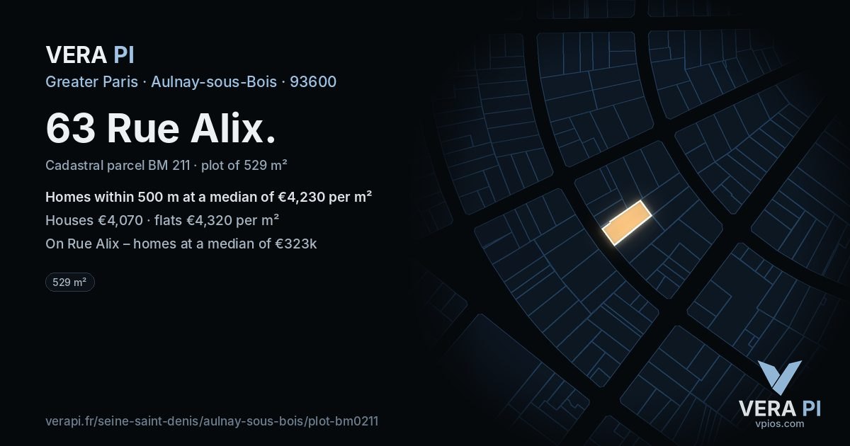 63 Rue Alix, Aulnay-sous-Bois at night – the plot lit, the parcels around coloured by the prices near them