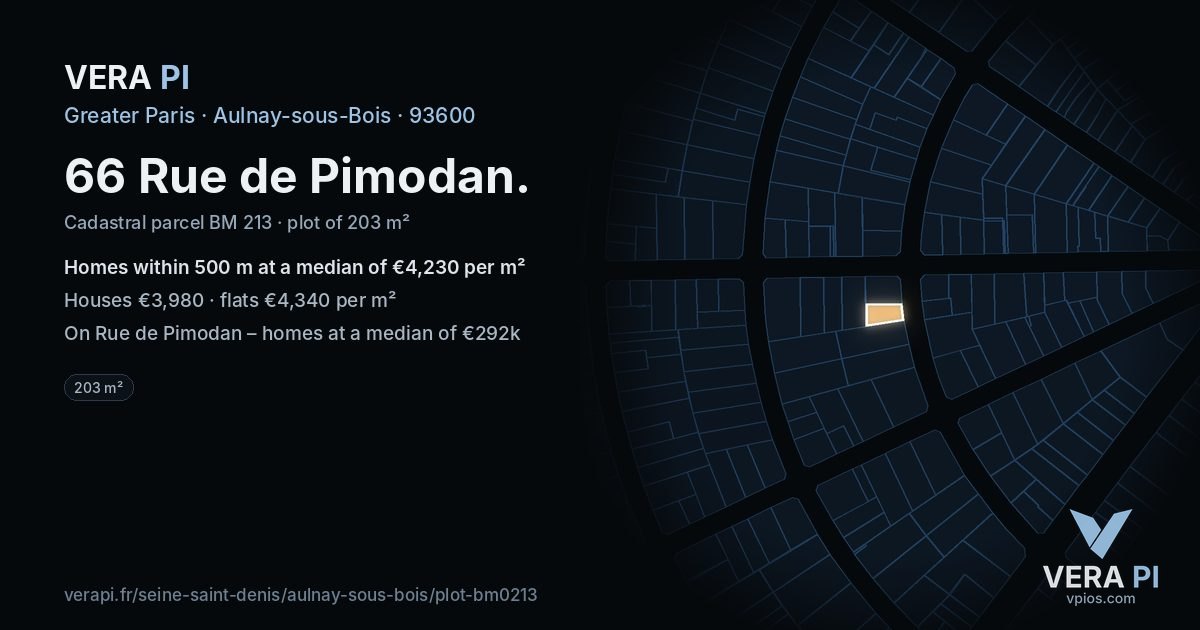 66 Rue de Pimodan, Aulnay-sous-Bois at night – the plot lit, the parcels around coloured by the prices near them