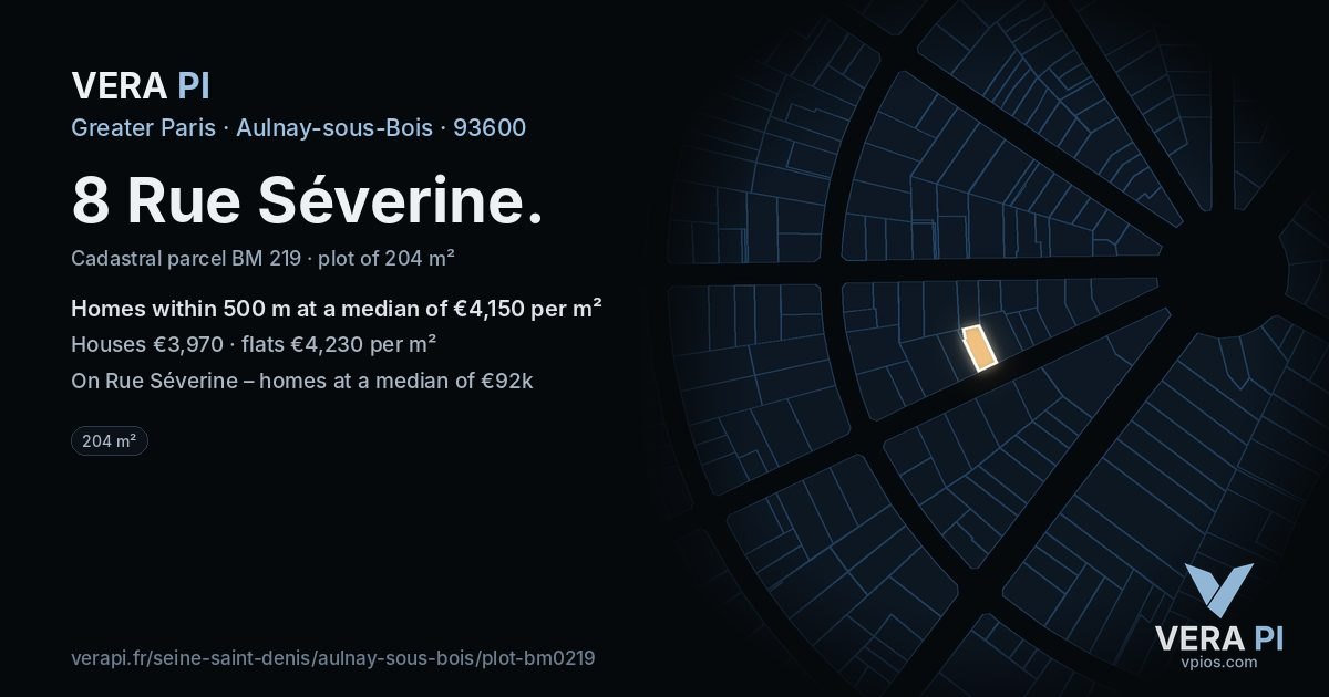 8 Rue Séverine, Aulnay-sous-Bois at night – the plot lit, the parcels around coloured by the prices near them