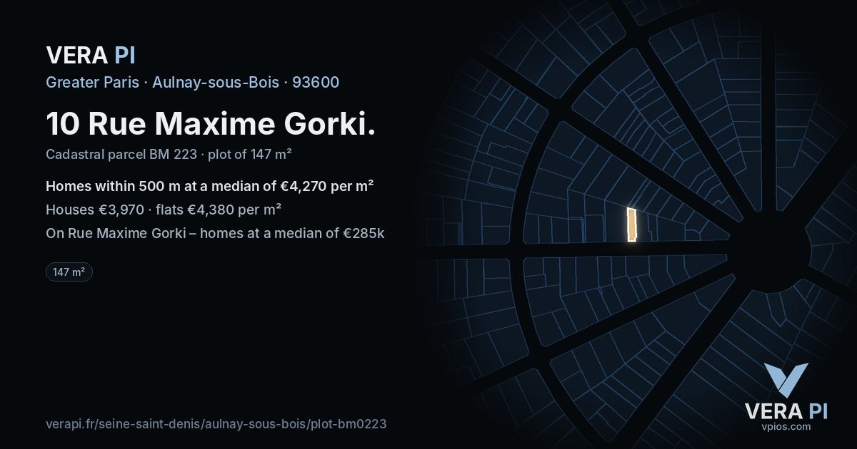 10 Rue Maxime Gorki, Aulnay-sous-Bois at night – the plot lit, the parcels around coloured by the prices near them