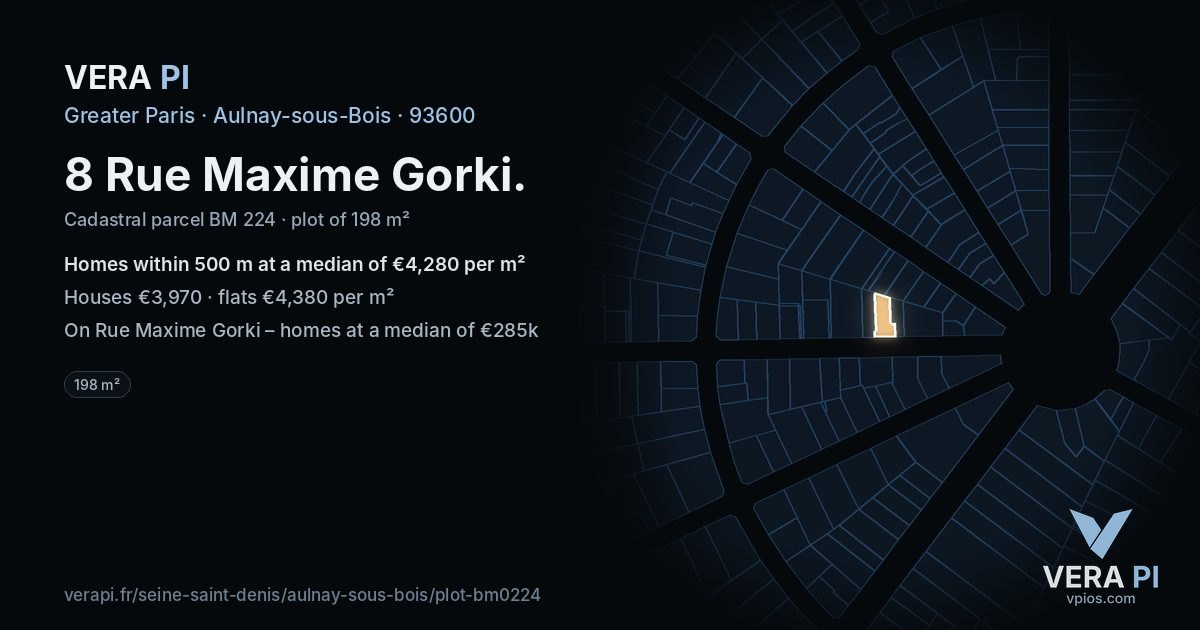 8 Rue Maxime Gorki, Aulnay-sous-Bois at night – the plot lit, the parcels around coloured by the prices near them