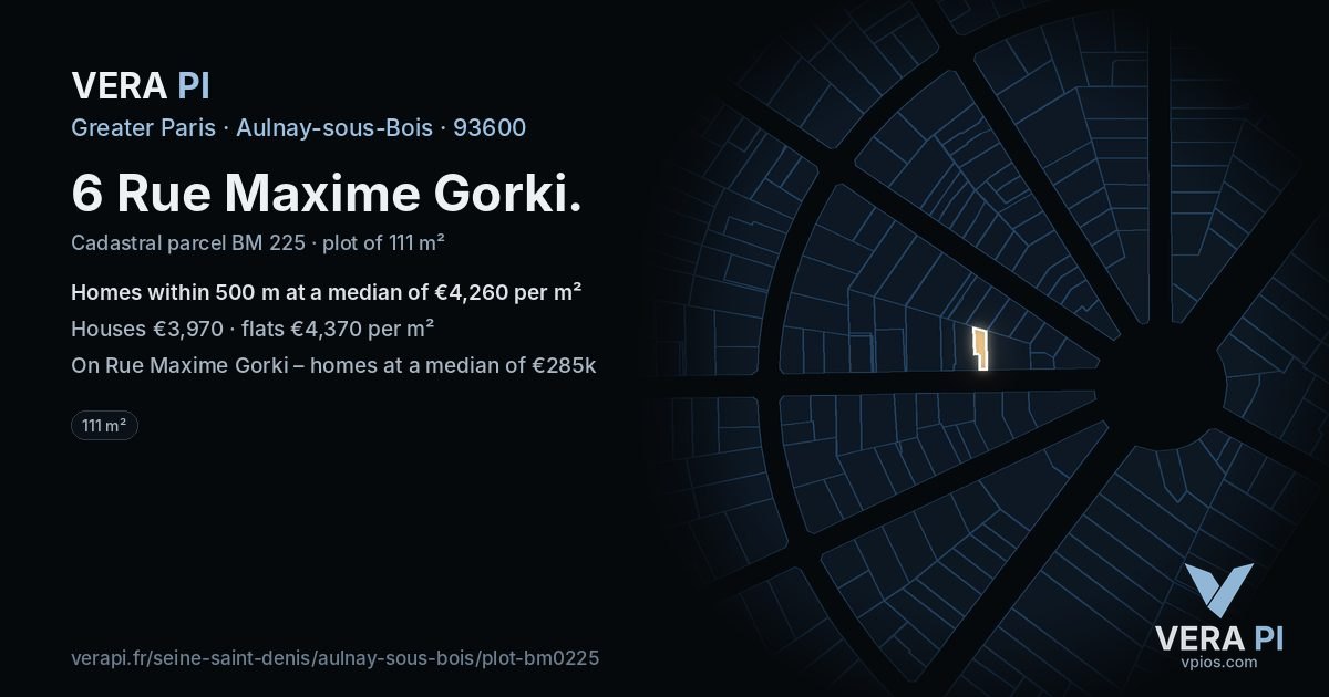 6 Rue Maxime Gorki, Aulnay-sous-Bois at night – the plot lit, the parcels around coloured by the prices near them