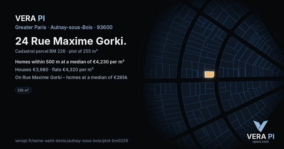 24 Rue Maxime Gorki, Aulnay-sous-Bois at night – the plot lit, the parcels around coloured by the prices near them