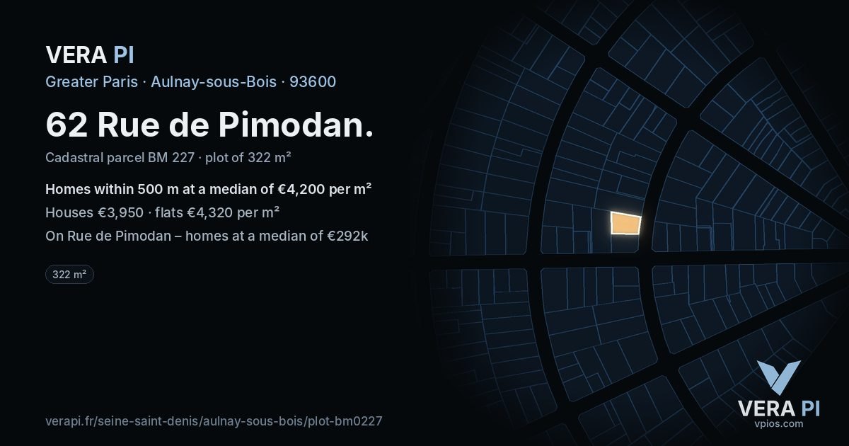 62 Rue de Pimodan, Aulnay-sous-Bois at night – the plot lit, the parcels around coloured by the prices near them