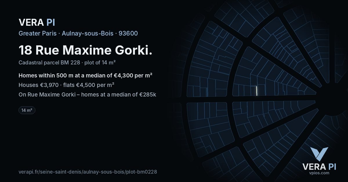 18 Rue Maxime Gorki, Aulnay-sous-Bois at night – the plot lit, the parcels around coloured by the prices near them