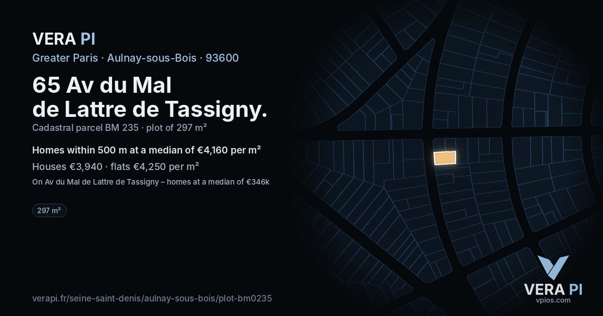 65 Av du Mal de Lattre de Tassigny, Aulnay-sous-Bois at night – the plot lit, the parcels around coloured by the prices near them