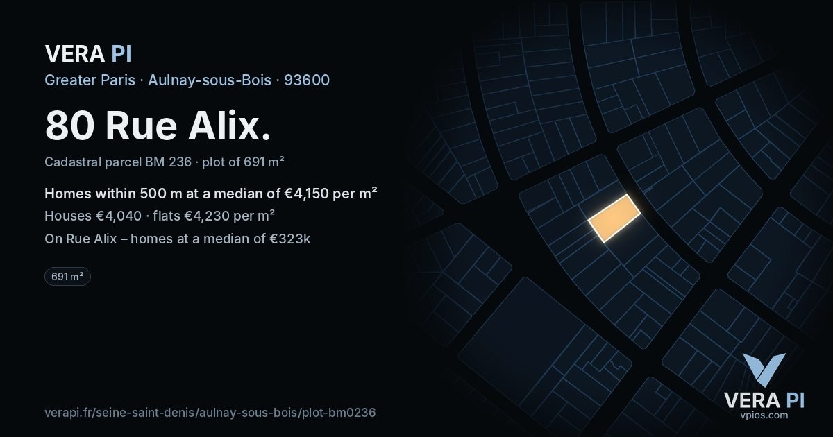 80 Rue Alix, Aulnay-sous-Bois at night – the plot lit, the parcels around coloured by the prices near them