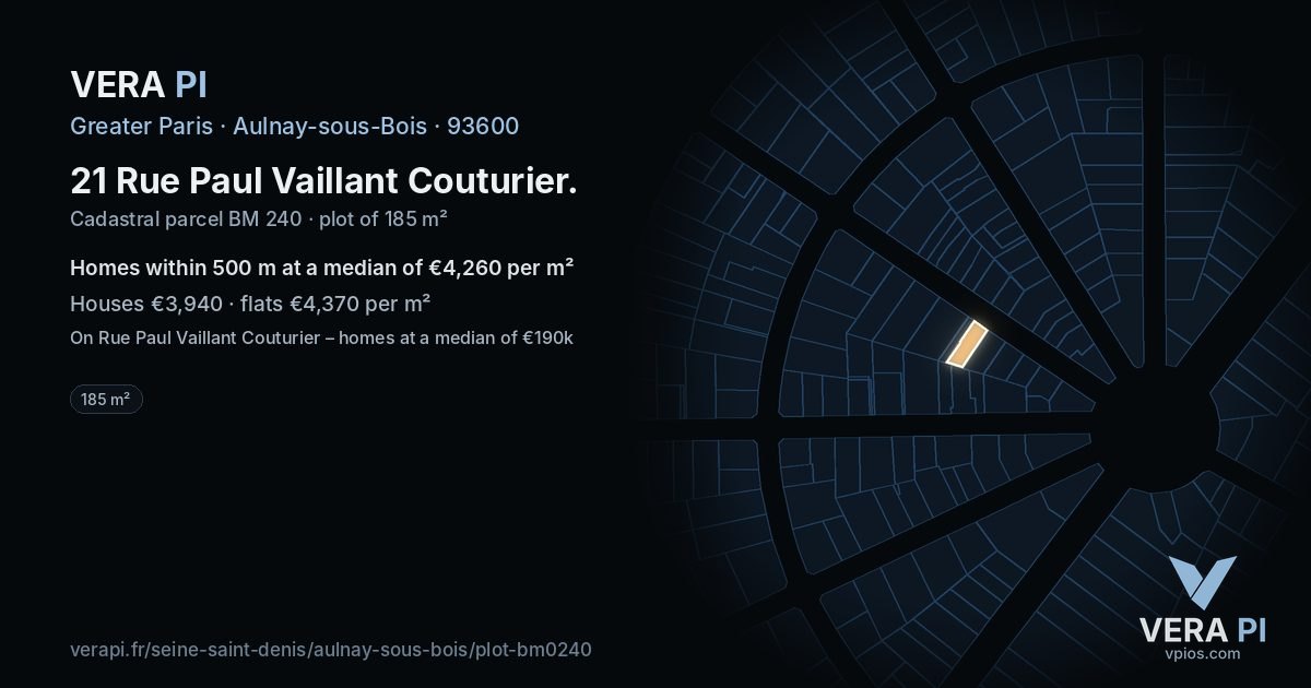 21 Rue Paul Vaillant Couturier, Aulnay-sous-Bois at night – the plot lit, the parcels around coloured by the prices near them