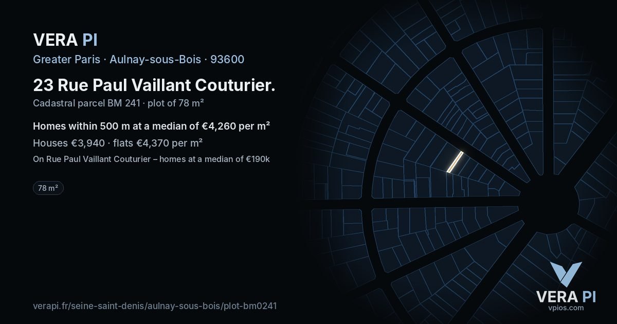 23 Rue Paul Vaillant Couturier, Aulnay-sous-Bois at night – the plot lit, the parcels around coloured by the prices near them