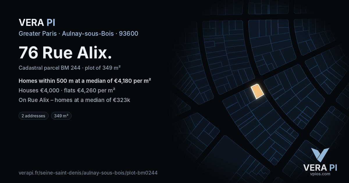 76 Rue Alix, Aulnay-sous-Bois at night – the plot lit, the parcels around coloured by the prices near them