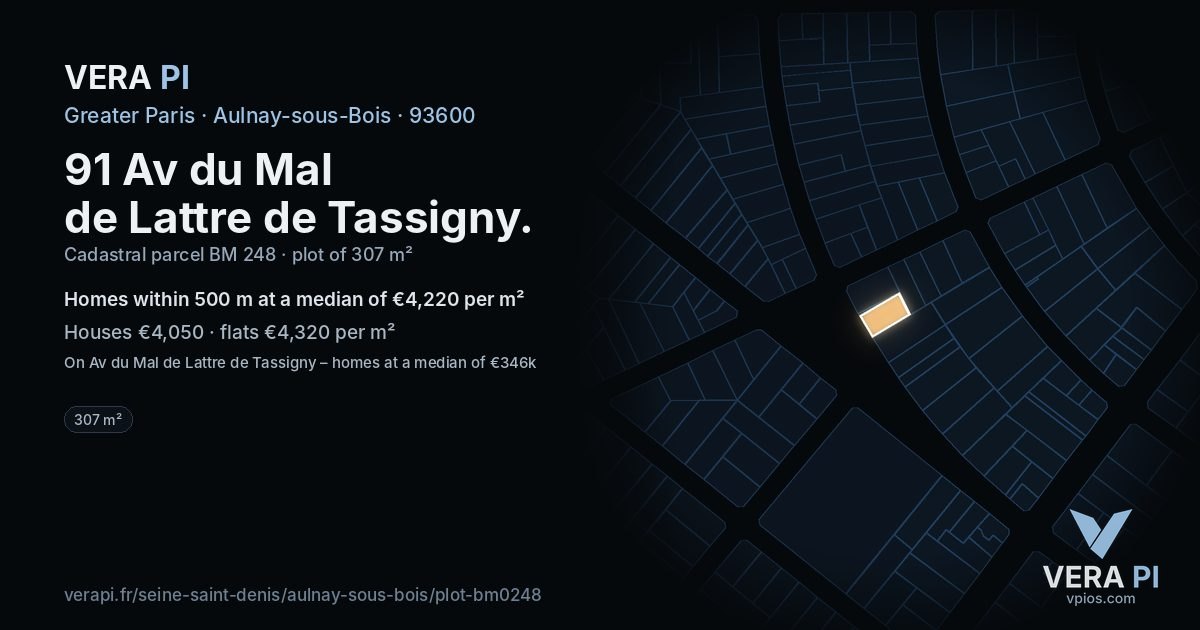 91 Av du Mal de Lattre de Tassigny, Aulnay-sous-Bois at night – the plot lit, the parcels around coloured by the prices near them