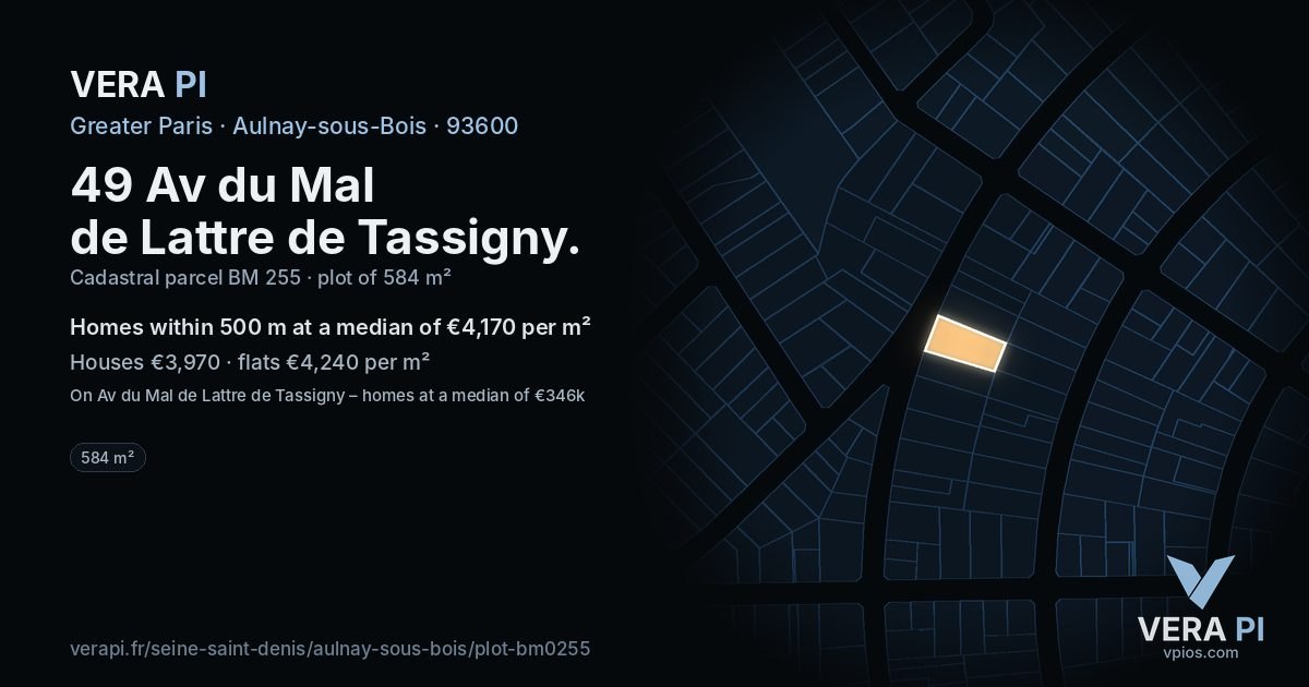 49 Av du Mal de Lattre de Tassigny, Aulnay-sous-Bois at night – the plot lit, the parcels around coloured by the prices near them