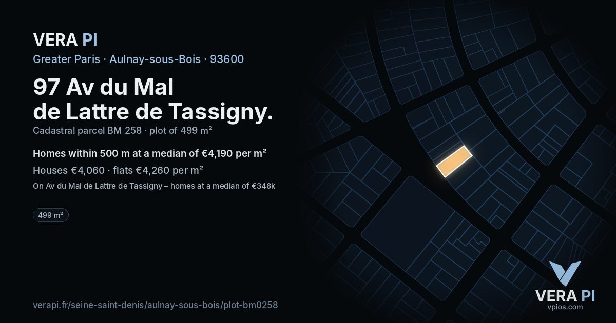 97 Av du Mal de Lattre de Tassigny, Aulnay-sous-Bois at night – the plot lit, the parcels around coloured by the prices near them