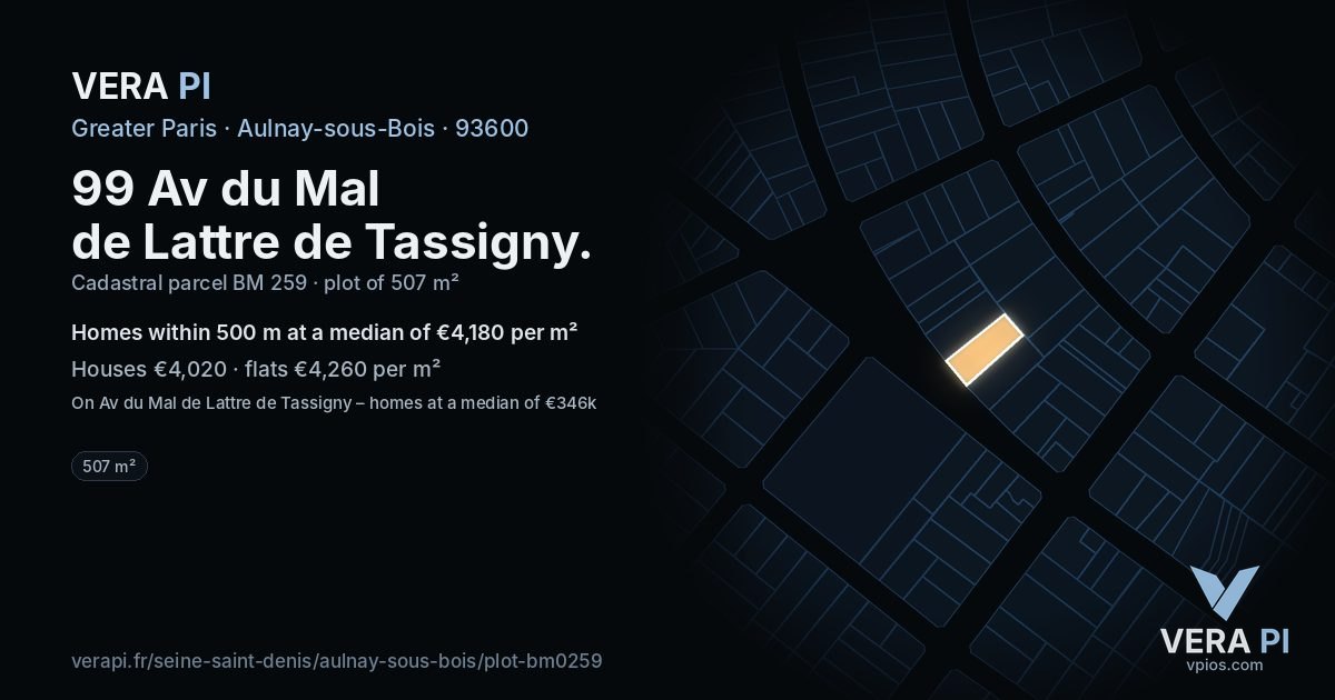 99 Av du Mal de Lattre de Tassigny, Aulnay-sous-Bois at night – the plot lit, the parcels around coloured by the prices near them