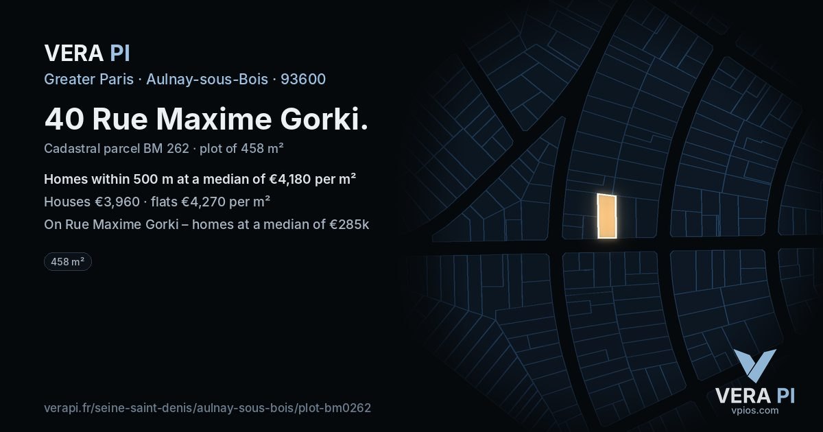40 Rue Maxime Gorki, Aulnay-sous-Bois at night – the plot lit, the parcels around coloured by the prices near them