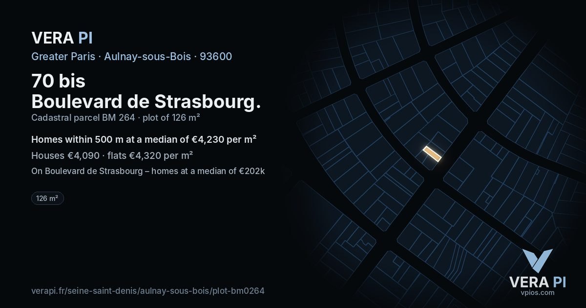 70 bis Boulevard de Strasbourg, Aulnay-sous-Bois at night – the plot lit, the parcels around coloured by the prices near them