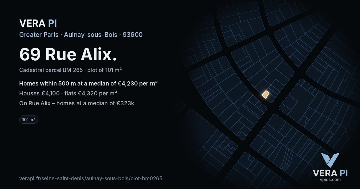 69 Rue Alix, Aulnay-sous-Bois at night – the plot lit, the parcels around coloured by the prices near them