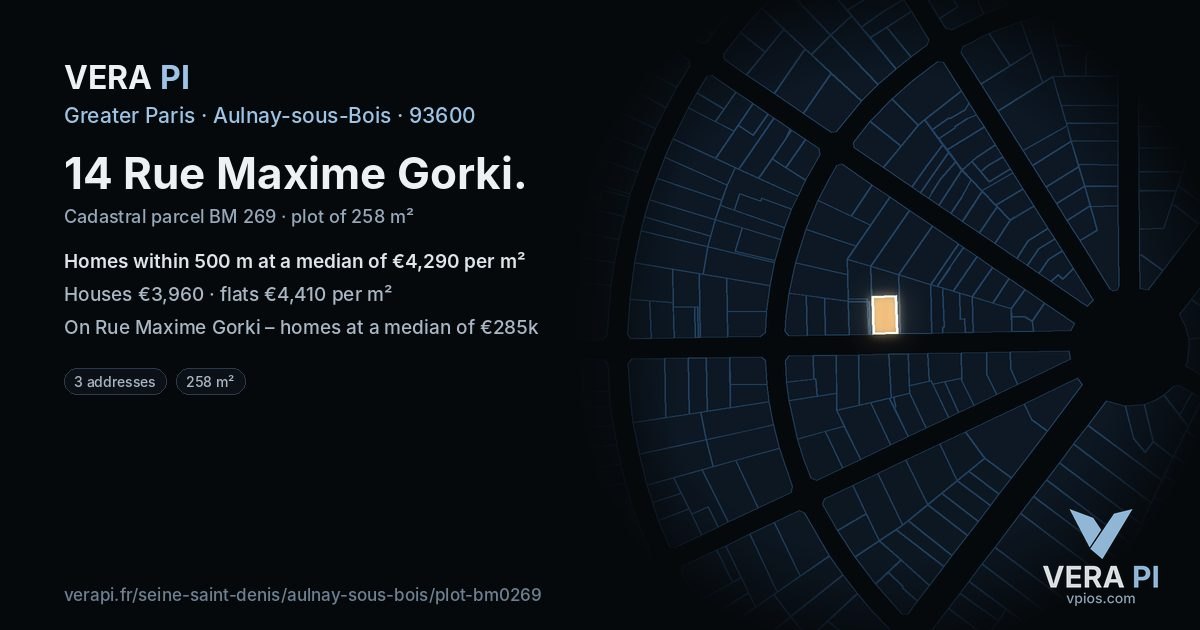 14 Rue Maxime Gorki, Aulnay-sous-Bois at night – the plot lit, the parcels around coloured by the prices near them