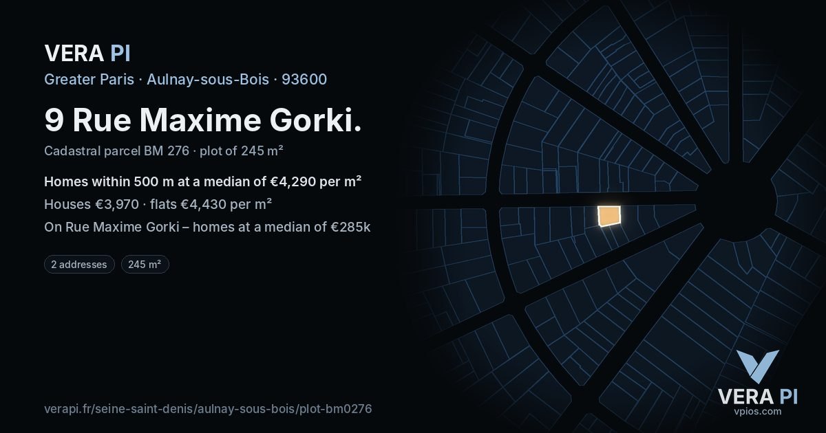 9 Rue Maxime Gorki, Aulnay-sous-Bois at night – the plot lit, the parcels around coloured by the prices near them