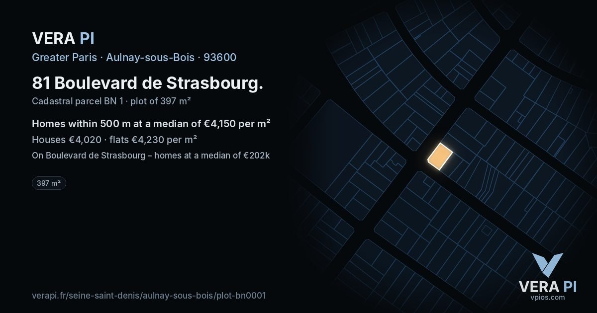 81 Boulevard de Strasbourg, Aulnay-sous-Bois at night – the plot lit, the parcels around coloured by the prices near them