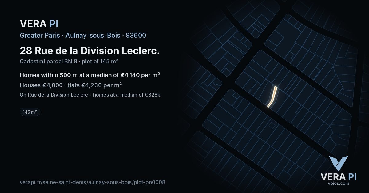 28 Rue de la Division Leclerc, Aulnay-sous-Bois at night – the plot lit, the parcels around coloured by the prices near them