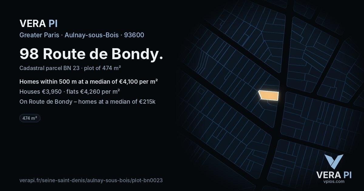 98 Route de Bondy, Aulnay-sous-Bois at night – the plot lit, the parcels around coloured by the prices near them