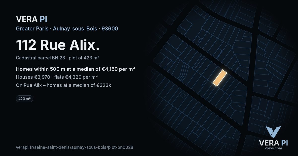 112 Rue Alix, Aulnay-sous-Bois at night – the plot lit, the parcels around coloured by the prices near them