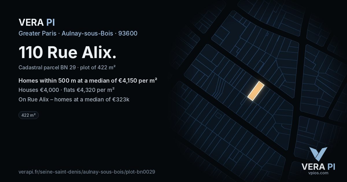 110 Rue Alix, Aulnay-sous-Bois at night – the plot lit, the parcels around coloured by the prices near them