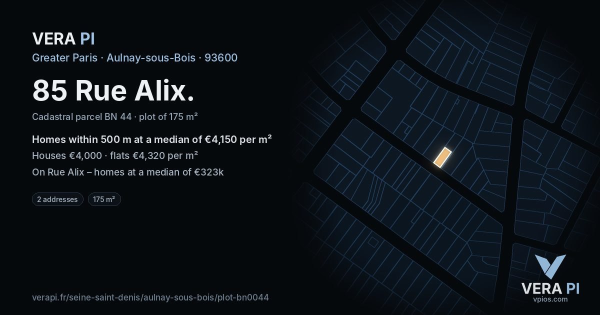 85 Rue Alix, Aulnay-sous-Bois at night – the plot lit, the parcels around coloured by the prices near them