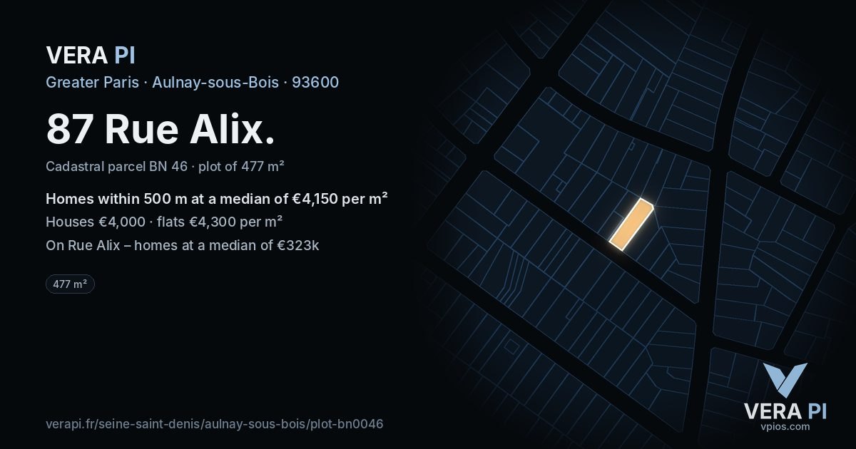 87 Rue Alix, Aulnay-sous-Bois at night – the plot lit, the parcels around coloured by the prices near them